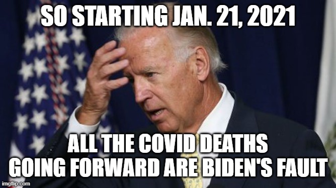 Joe Biden worries | SO STARTING JAN. 21, 2021 ALL THE COVID DEATHS GOING FORWARD ARE BIDEN'S FAULT | image tagged in joe biden worries | made w/ Imgflip meme maker