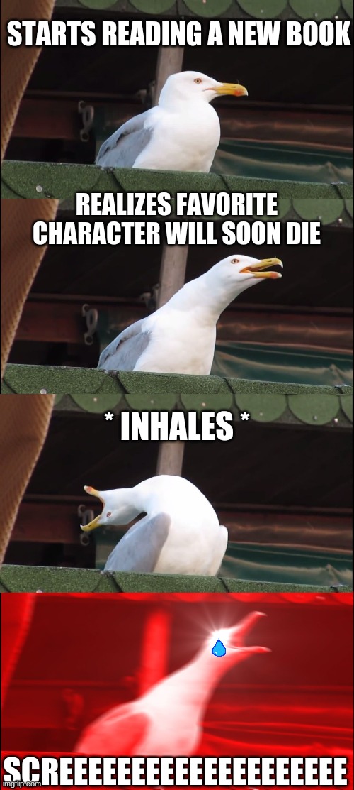 Inhaling Seagull Meme | STARTS READING A NEW BOOK; REALIZES FAVORITE CHARACTER WILL SOON DIE; * INHALES *; SCREEEEEEEEEEEEEEEEEEEE | image tagged in memes,inhaling seagull,books,warrior cats | made w/ Imgflip meme maker