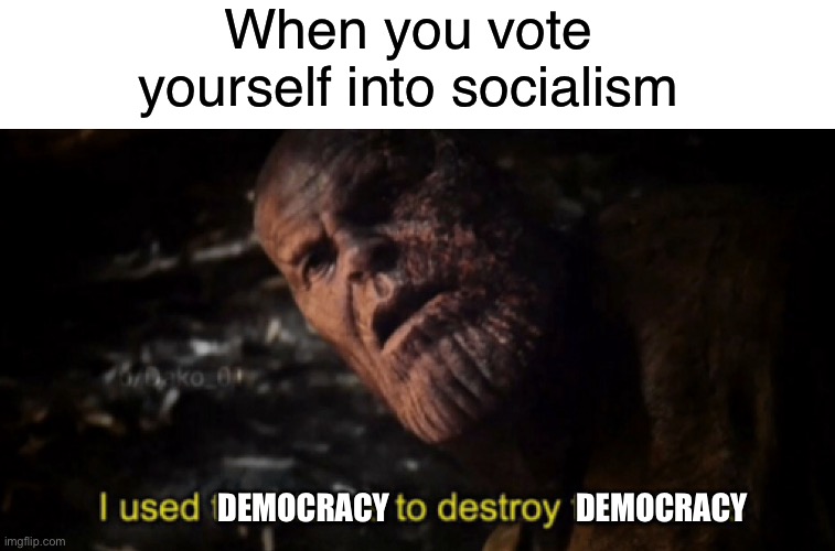 SOCIALISM!!!!!! | When you vote yourself into socialism; DEMOCRACY                              DEMOCRACY | image tagged in blank white template,i used the stones to destroy the stones,funny,memes,socialism | made w/ Imgflip meme maker