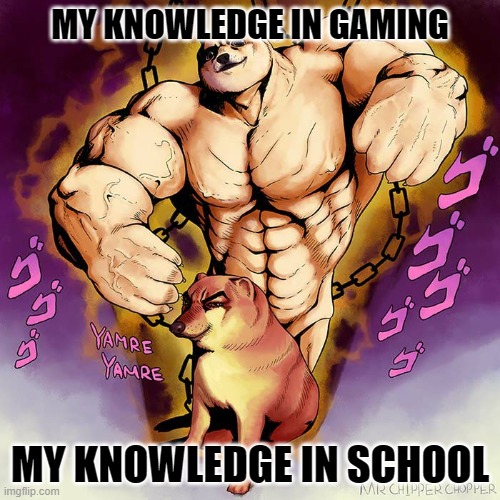 JoJo Doge Vs Cheems | MY KNOWLEDGE IN GAMING; MY KNOWLEDGE IN SCHOOL | image tagged in jojo doge vs cheems | made w/ Imgflip meme maker