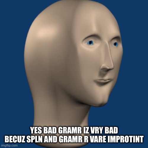 meme man | YES BAD GRAMR IZ VRY BAD BECUZ SPLN AND GRAMR R VARE IMPROTINT | image tagged in meme man | made w/ Imgflip meme maker