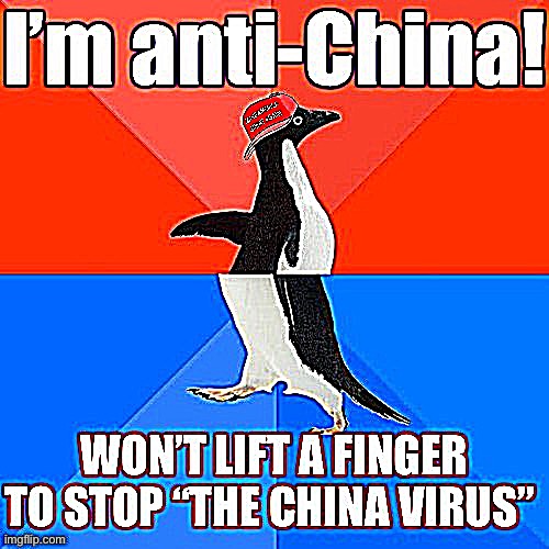 They keep saying they’re anti-China. I do not think that means what they think it means | image tagged in socially awesome awkward penguin,china,made in china,covid-19,coronavirus,covid19 | made w/ Imgflip meme maker