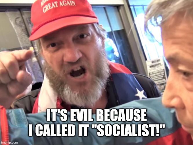 Angry Trump Supporter | IT'S EVIL BECAUSE I CALLED IT "SOCIALIST!" | image tagged in angry trump supporter | made w/ Imgflip meme maker