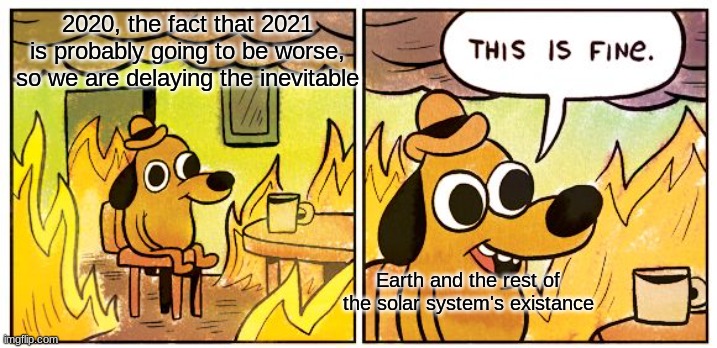 this is FINE | 2020, the fact that 2021 is probably going to be worse, so we are delaying the inevitable; Earth and the rest of the solar system's existance | image tagged in memes,this is fine | made w/ Imgflip meme maker