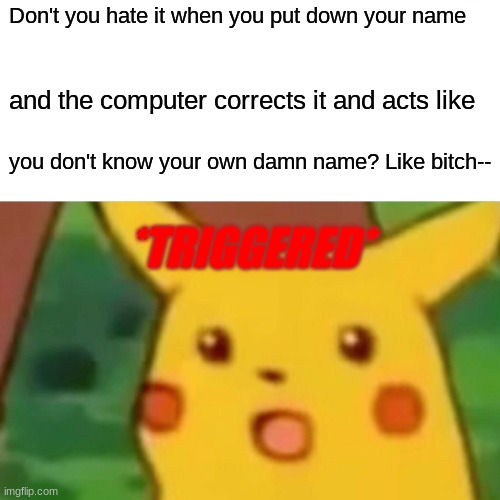 Yeah this happens | Don't you hate it when you put down your name; and the computer corrects it and acts like; you don't know your own damn name? Like bitch--; *TRIGGERED* | image tagged in memes,surprised pikachu | made w/ Imgflip meme maker