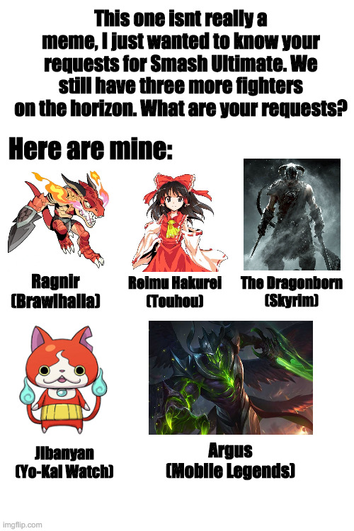 Care to chat about possible Smash Bros characters? | This one isnt really a meme, I just wanted to know your requests for Smash Ultimate. We still have three more fighters on the horizon. What are your requests? Here are mine:; The Dragonborn
(Skyrim); Ragnir
(Brawlhalla); Reimu Hakurei
(Touhou); Jibanyan
(Yo-Kai Watch); Argus
(Mobile Legends) | image tagged in super smash bros | made w/ Imgflip meme maker