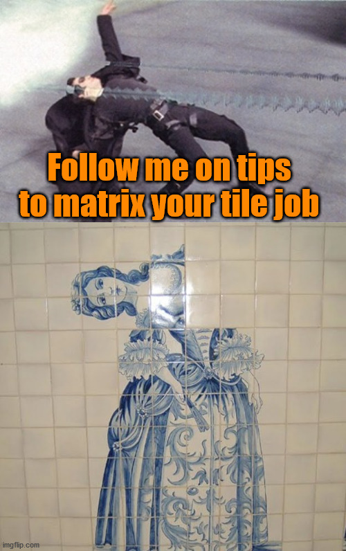 Follow me on tips to matrix your tile job | image tagged in neo dodging a bullet matrix | made w/ Imgflip meme maker