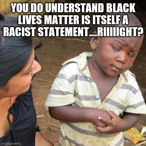 Third World Skeptical Kid | YOU DO UNDERSTAND BLACK LIVES MATTER IS ITSELF A RACIST STATEMENT....RIIIIIGHT? | image tagged in memes,third world skeptical kid | made w/ Imgflip meme maker