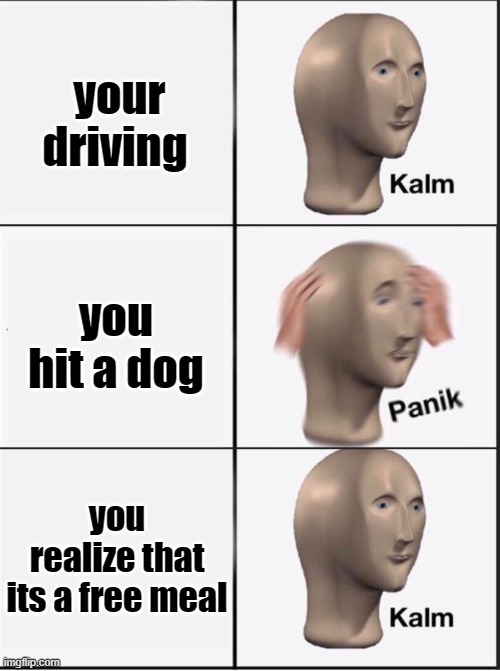 free food | your driving; you hit a dog; you realize that its a free meal | image tagged in reverse kalm panik,meme | made w/ Imgflip meme maker
