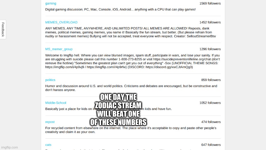 ONE DAY THE ZODIAC STREAM WILL BEAT ONE OF THESE NUMBERS | image tagged in yeeee | made w/ Imgflip meme maker