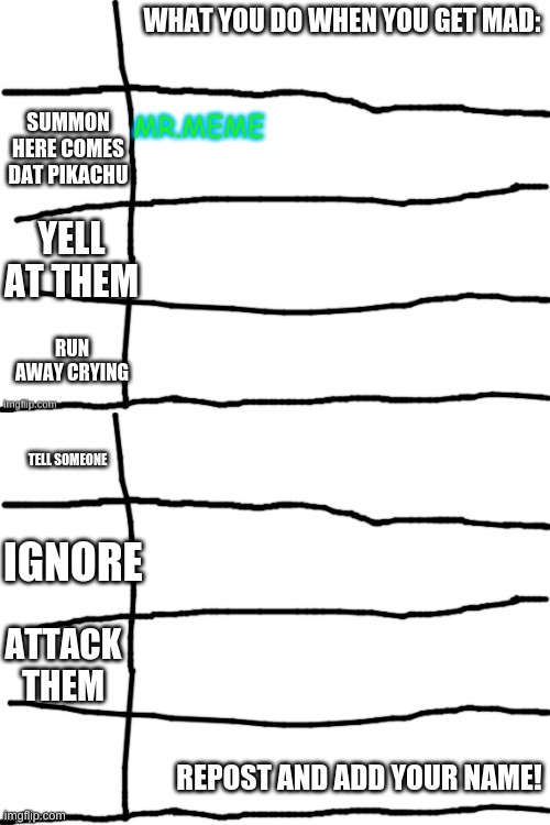 WHAT YOU DO WHEN YOU GET MAD:; MR.MEME; SUMMON HERE COMES DAT PIKACHU; YELL AT THEM; RUN AWAY CRYING; TELL SOMEONE; IGNORE; ATTACK THEM; REPOST AND ADD YOUR NAME! | image tagged in a list | made w/ Imgflip meme maker