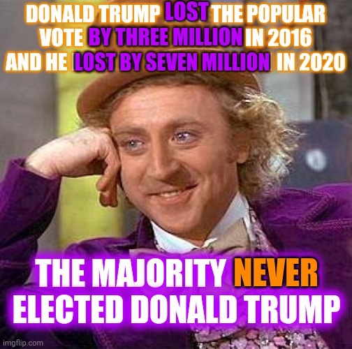 Majority Wins ? | LOST; DONALD TRUMP LOST THE POPULAR VOTE BY THREE MILLION IN 2016 AND HE LOST BY SEVEN MILLION IN 2020; BY THREE MILLION; LOST BY SEVEN MILLION; NEVER; THE MAJORITY NEVER ELECTED DONALD TRUMP | image tagged in memes,creepy condescending wonka,trump unfit unqualified dangerous,liar in chief,trump lies,traitor | made w/ Imgflip meme maker