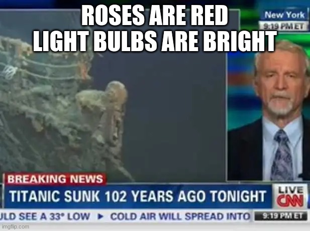 Yeah uhhh | ROSES ARE RED LIGHT BULBS ARE BRIGHT | image tagged in titanic | made w/ Imgflip meme maker