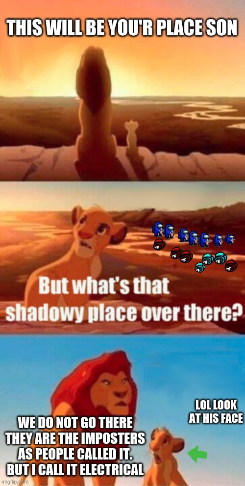 Simba Shadowy Place | THIS WILL BE YOU'R PLACE SON; LOL LOOK AT HIS FACE; WE DO NOT GO THERE THEY ARE THE IMPOSTERS AS PEOPLE CALLED IT. BUT I CALL IT ELECTRICAL | image tagged in memes,simba shadowy place | made w/ Imgflip meme maker