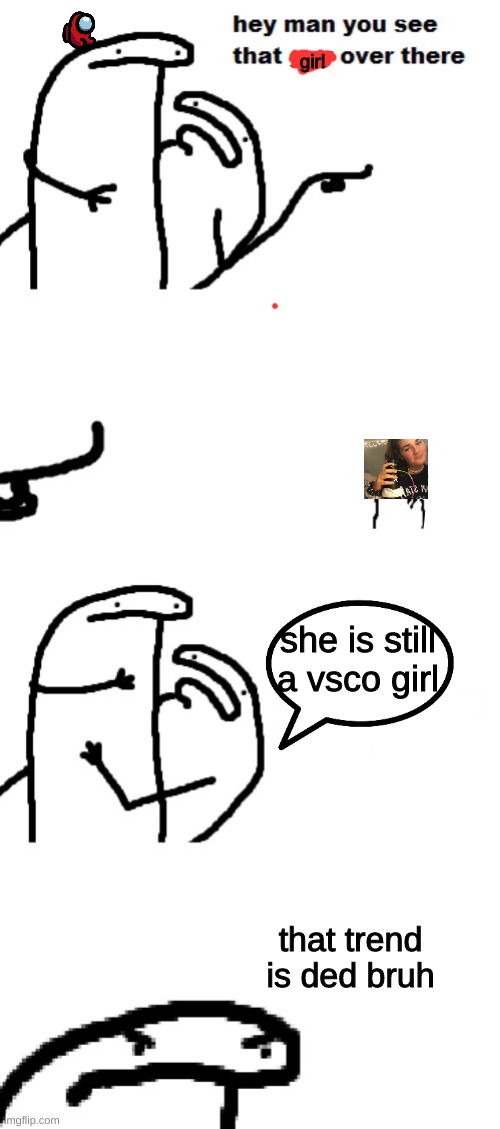 Hey man you see that guy over there | girl; she is still a vsco girl; that trend is ded bruh | image tagged in hey man you see that guy over there,dead trend | made w/ Imgflip meme maker