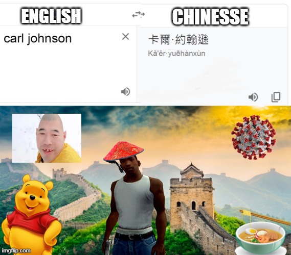 carl johnson in china | ENGLISH; CHINESSE | image tagged in memes,funny,china,gta san andreas | made w/ Imgflip meme maker
