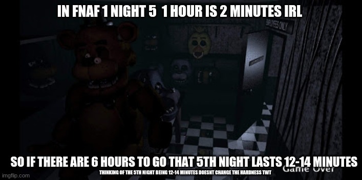 fnaf 1 night 5 | IN FNAF 1 NIGHT 5  1 HOUR IS 2 MINUTES IRL; SO IF THERE ARE 6 HOURS TO GO THAT 5TH NIGHT LASTS 12-14 MINUTES; THINKING OF THE 5TH NIGHT BEING 12-14 MINUTES DOESNT CHANGE THE HARDNESS TWT | image tagged in fnaf | made w/ Imgflip meme maker