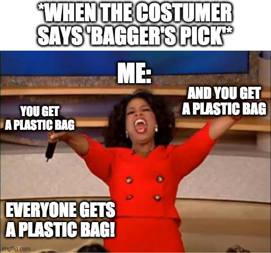 Please just say plastic it's easier for the bagger, from a bagger | *WHEN THE COSTUMER SAYS 'BAGGER'S PICK'*; ME:; AND YOU GET A PLASTIC BAG; YOU GET A PLASTIC BAG; EVERYONE GETS A PLASTIC BAG! | image tagged in memes,oprah you get a | made w/ Imgflip meme maker