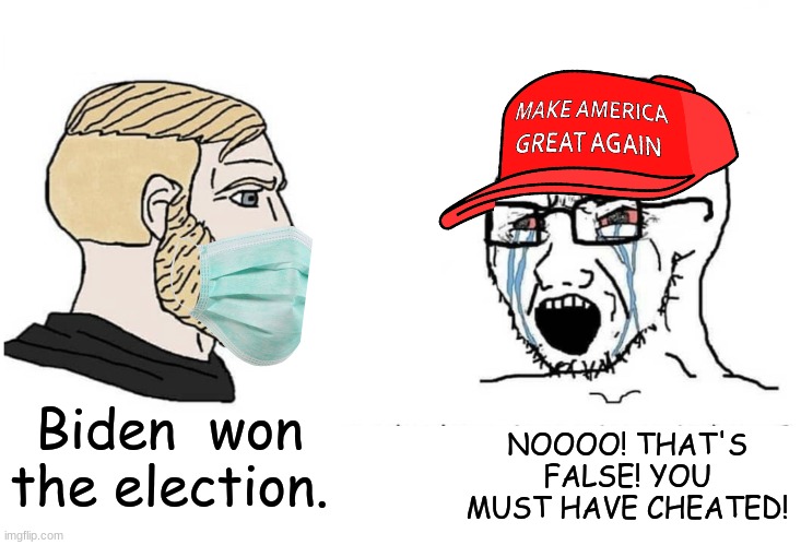 It's been a month and they're still saying we lost and/or cheated, oh boy | NOOOO! THAT'S FALSE! YOU MUST HAVE CHEATED! Biden  won the election. | image tagged in chad vs anti masker | made w/ Imgflip meme maker