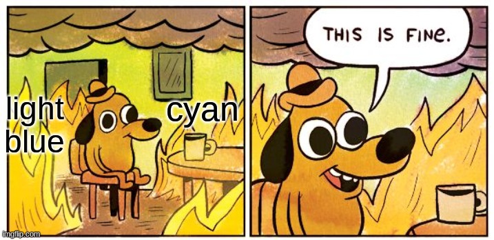 This Is Fine | cyan; light blue | image tagged in memes,this is fine | made w/ Imgflip meme maker