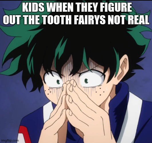 Suffering Deku | KIDS WHEN THEY FIGURE OUT THE TOOTH FAIRYS NOT REAL | image tagged in suffering deku | made w/ Imgflip meme maker