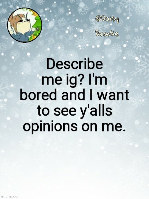Be honest amigo | Describe me ig? I'm bored and I want to see y'alls opinions on me. | image tagged in daisy's christmas template | made w/ Imgflip meme maker