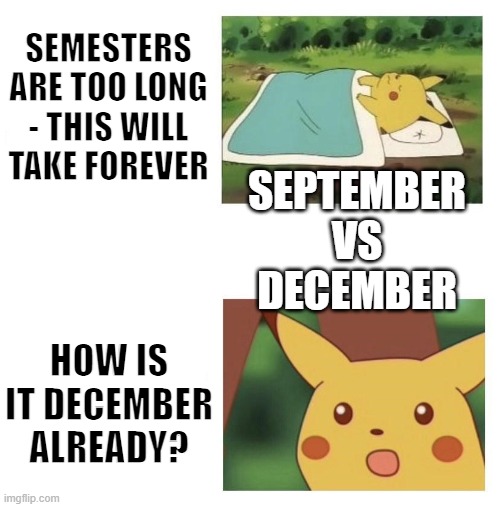 Academic Problems | SEMESTERS ARE TOO LONG - THIS WILL TAKE FOREVER; SEPTEMBER
VS
DECEMBER; HOW IS IT DECEMBER ALREADY? | image tagged in senioritis | made w/ Imgflip meme maker