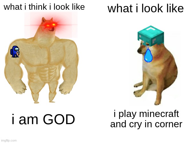 Buff Doge vs. Cheems Meme | what i think i look like; what i look like; i am GOD; i play minecraft and cry in corner | image tagged in memes,buff doge vs cheems | made w/ Imgflip meme maker