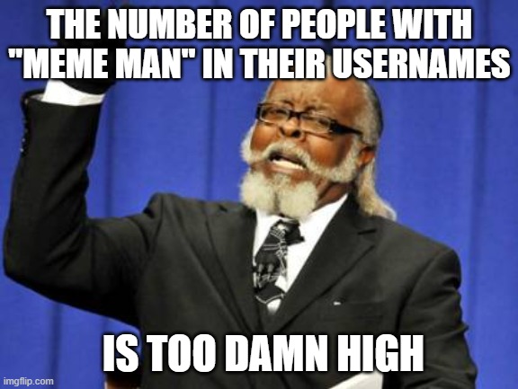 i must have come across 4 already | THE NUMBER OF PEOPLE WITH "MEME MAN" IN THEIR USERNAMES; IS TOO DAMN HIGH | image tagged in memes,too damn high,meme man,usernames | made w/ Imgflip meme maker