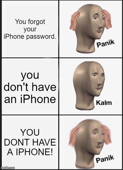 Panik Kalm Panik | You forgot your iPhone password. you don't have an iPhone; YOU DONT HAVE A IPHONE! | image tagged in memes,panik kalm panik | made w/ Imgflip meme maker