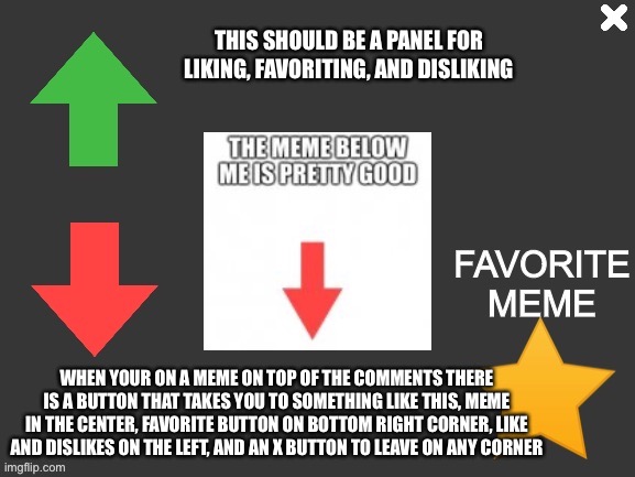 THIS SHOULD BE A PANEL FOR LIKING, FAVORITING, AND DISLIKING; WHEN YOUR ON A MEME ON TOP OF THE COMMENTS THERE IS A BUTTON THAT TAKES YOU TO SOMETHING LIKE THIS, MEME IN THE CENTER, FAVORITE BUTTON ON BOTTOM RIGHT CORNER, LIKE AND DISLIKES ON THE LEFT, AND AN X BUTTON TO LEAVE ON ANY CORNER | made w/ Imgflip meme maker