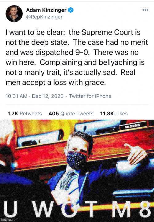 Rep. Adam Kinzinger (R-IL) dropping more facts | image tagged in rep adam kinzinger,rep adam kinzinger u wot m8 deep-fried 1,election 2020,2020 elections,u wot m8,scotus | made w/ Imgflip meme maker