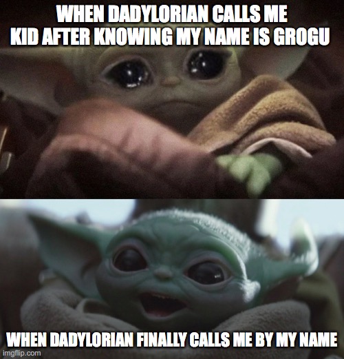 WHEN DADYLORIAN CALLS ME KID AFTER KNOWING MY NAME IS GROGU; WHEN DADYLORIAN FINALLY CALLS ME BY MY NAME | image tagged in crying baby yoda,happy baby yoda | made w/ Imgflip meme maker