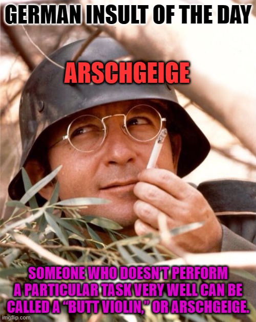 german insults | GERMAN INSULT OF THE DAY; ARSCHGEIGE; SOMEONE WHO DOESN’T PERFORM A PARTICULAR TASK VERY WELL CAN BE CALLED A “BUTT VIOLIN,” OR ARSCHGEIGE. | image tagged in wolfgang the german soldier | made w/ Imgflip meme maker