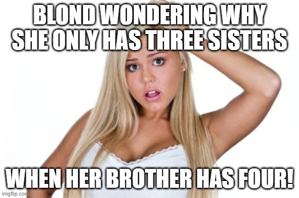 Blond Brain at Work | BLOND WONDERING WHY SHE ONLY HAS THREE SISTERS; WHEN HER BROTHER HAS FOUR! | image tagged in dumb blonde | made w/ Imgflip meme maker