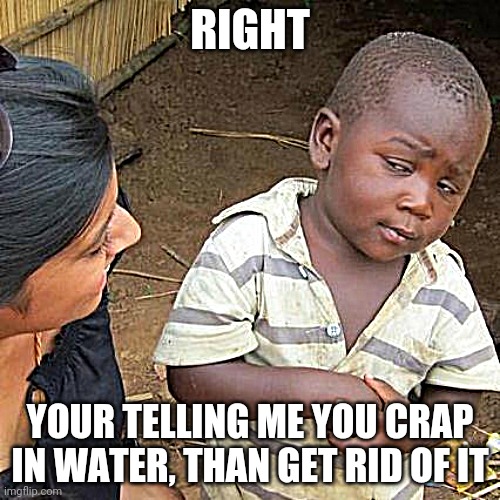 Third World Skeptical Kid | RIGHT; YOUR TELLING ME YOU CRAP IN WATER, THAN GET RID OF IT | image tagged in third world skeptical kid | made w/ Imgflip meme maker