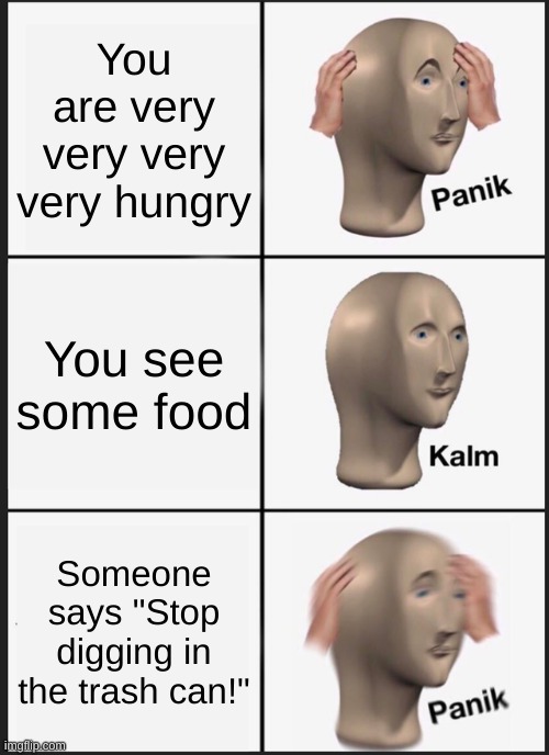 idk what to do | You are very very very very hungry; You see some food; Someone says "Stop digging in the trash can!" | image tagged in memes,panik kalm panik | made w/ Imgflip meme maker