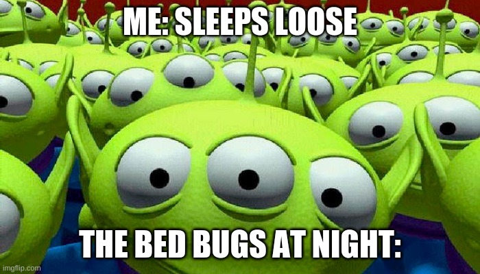 Toy Story aliens | ME: SLEEPS LOOSE; THE BED BUGS AT NIGHT: | image tagged in toy story aliens | made w/ Imgflip meme maker