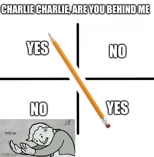 Blank Starter Pack |  CHARLIE CHARLIE, ARE YOU BEHIND ME; NO; YES; NO; YES | image tagged in memes,blank starter pack,charlie charlie,wait what | made w/ Imgflip meme maker