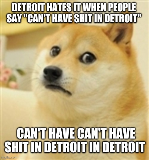 Detroit |  DETROIT HATES IT WHEN PEOPLE SAY "CAN'T HAVE SHIT IN DETROIT"; CAN'T HAVE CAN'T HAVE SHIT IN DETROIT IN DETROIT | image tagged in sad doge,detroit | made w/ Imgflip meme maker