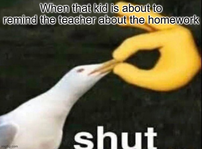 SHUT | When that kid is about to remind the teacher about the homework | image tagged in shut | made w/ Imgflip meme maker