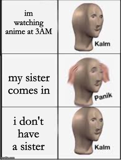 oop- | im watching anime at 3AM; my sister comes in; i don't have a sister | image tagged in kalm panik kalm | made w/ Imgflip meme maker