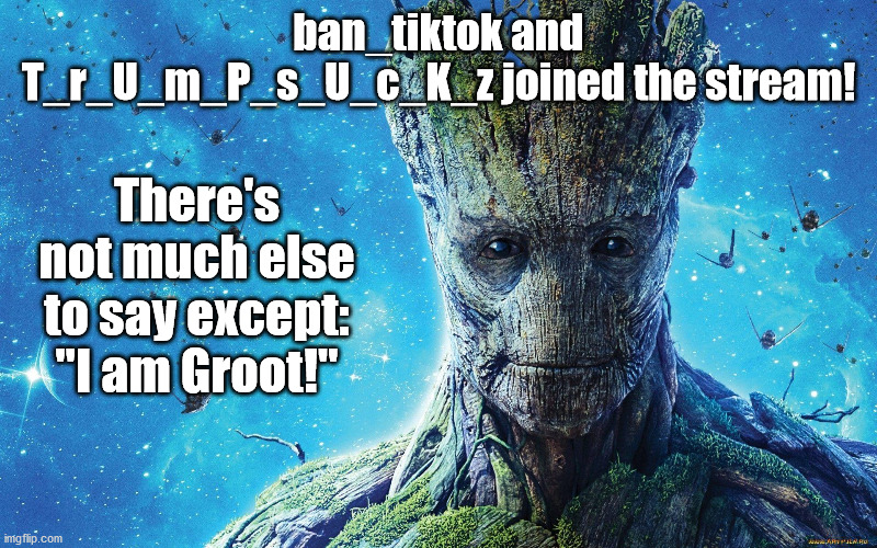 thanks for joining! | ban_tiktok and T_r_U_m_P_s_U_c_K_z joined the stream! There's not much else to say except: "I am Groot!" | image tagged in marvel,groot,i am groot,guardians of the galaxy | made w/ Imgflip meme maker