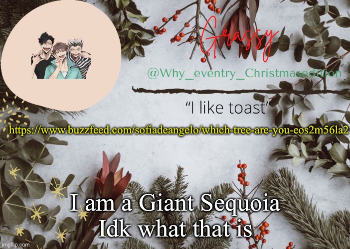 Bored lol | https://www.buzzfeed.com/sofiadeangelo/which-tree-are-you-eos2m56la2; I am a Giant Sequoia
Idk what that is | image tagged in why_eventry christmas template | made w/ Imgflip meme maker