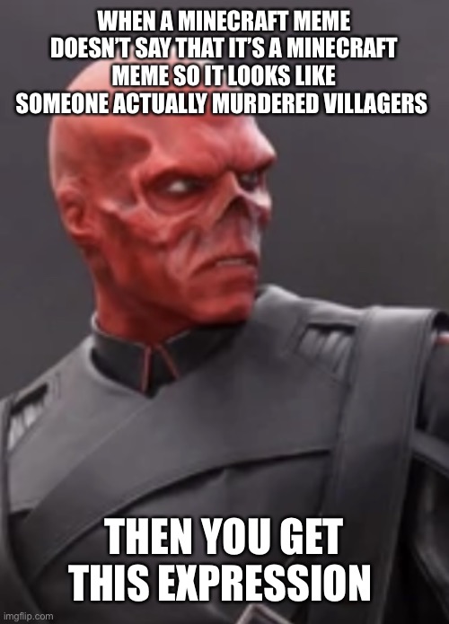 Murderer | WHEN A MINECRAFT MEME DOESN’T SAY THAT IT’S A MINECRAFT MEME SO IT LOOKS LIKE SOMEONE ACTUALLY MURDERED VILLAGERS; THEN YOU GET THIS EXPRESSION | image tagged in red skull | made w/ Imgflip meme maker