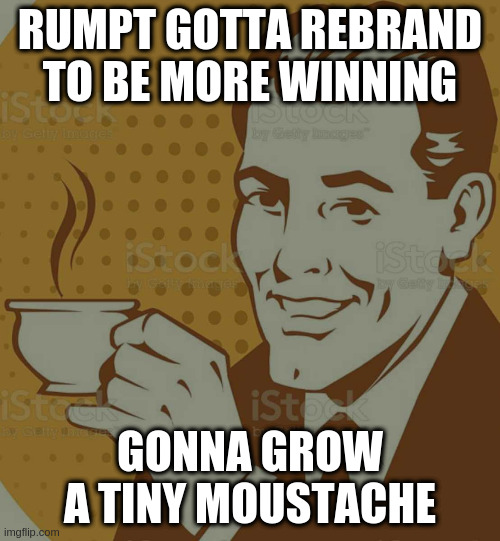 anyone want to attempt what that would look like, be my guest! | RUMPT GOTTA REBRAND TO BE MORE WINNING; GONNA GROW A TINY MOUSTACHE | image tagged in mug approval,rumpt | made w/ Imgflip meme maker