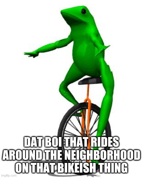 Dat Boi | DAT BOI THAT RIDES AROUND THE NEIGHBORHOOD ON THAT BIKEISH THING | image tagged in memes,dat boi | made w/ Imgflip meme maker