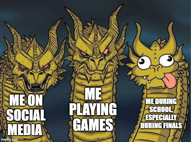 The average teen, pictured |  ME PLAYING GAMES; ME DURING SCHOOL, ESPECIALLY DURING FINALS; ME ON SOCIAL MEDIA | image tagged in hydra,memes,school,gaming,social media | made w/ Imgflip meme maker