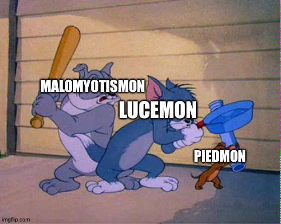 The great Digimon villain melee | MALOMYOTISMON; LUCEMON; PIEDMON | image tagged in tom and jerry 3 way brawl | made w/ Imgflip meme maker