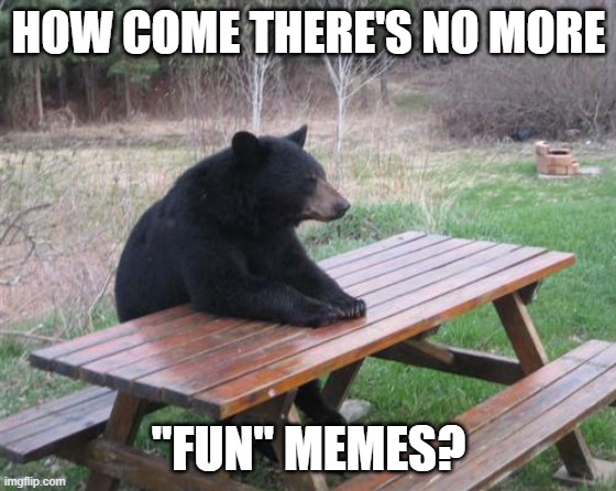 Bad Luck Bear | HOW COME THERE'S NO MORE; "FUN" MEMES? | image tagged in memes,bad luck bear | made w/ Imgflip meme maker